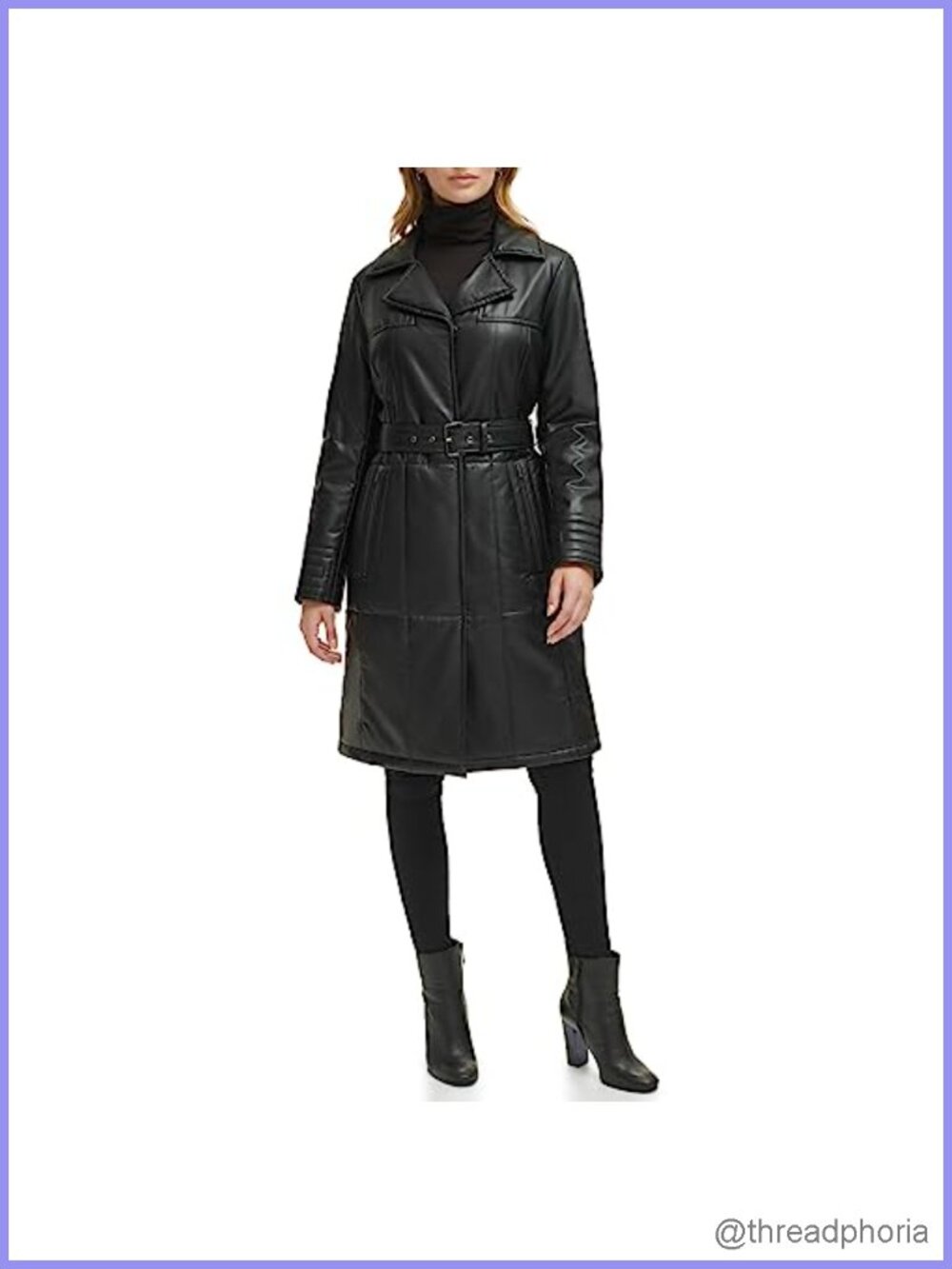 Faux Leather Long Trench Coat Quilted Notch Collar Belted